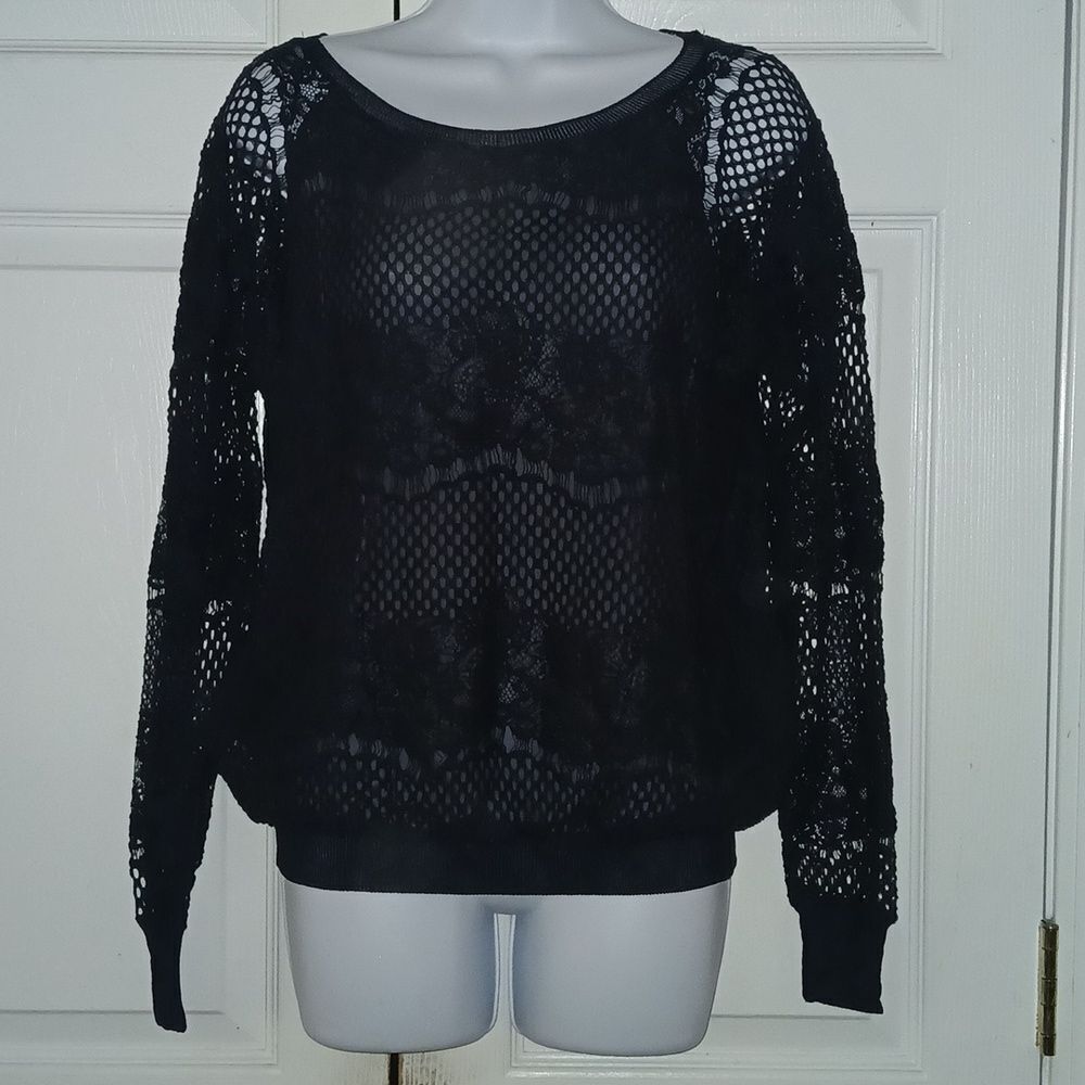 Ann Taylor  black crochet lace style long sleeve banded waist blouse  top  Sz M